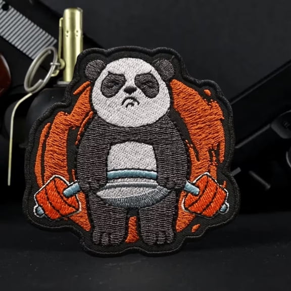 Embroidered Panda Weightlifting Badge - Fun Fitness Tactical Patch for Gym Enthusiasts, Mixed Color Military Backpack Sticker, Hook & Loop Morale Badge