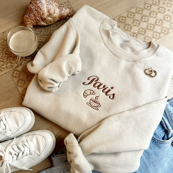 Embroidered Paris France Sweatshirt | French Croissant Sweatshirt | Souvenir Gift | Cappuccino Lover | Embroidered Paris Sweatshirt