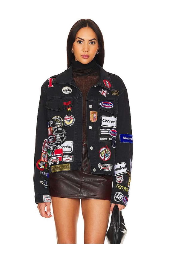 Embroidered Patch Denim Jacket (S, Black)