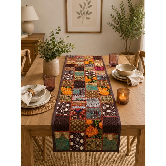 Embroidered Patchwork Table Runner: Indian Kantha Quilt, Boho Dining Decor. (16x72 )