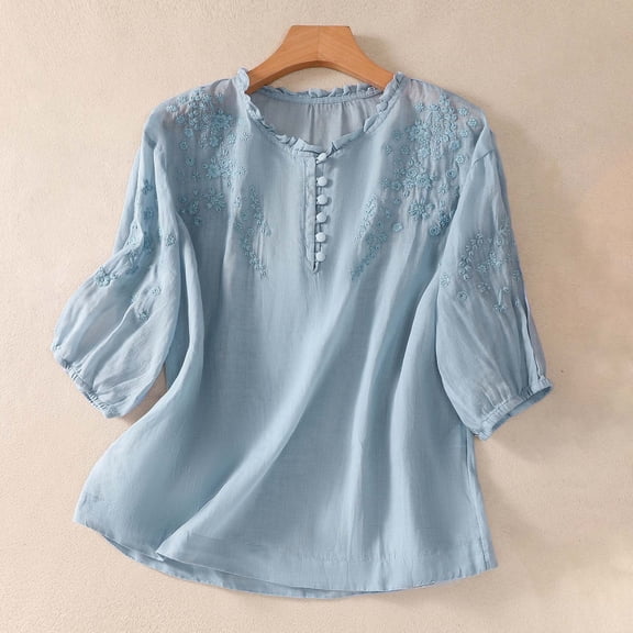 Embroidered Peasant Tops Gauze Tops Embroidered Shirts Floral Tunic Womens Bohemian Tops Flowy Boho Blouses Dress Shirt Half Button Down Shirts Puff Short Sleeve Boho Plus Size Tops Blue M
