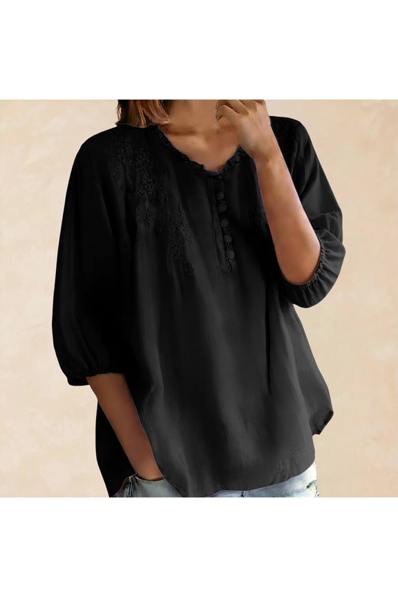 Embroidered Peasant Tops Half Button Down Shirts Puff Short Sleeve Loose Fit Tee Shirts Gauze Tops Womens Bohemian Tops Floral Tunic Embroidered Shirts 3/4 Sleeve T Shirt Gauze Shirts Black L