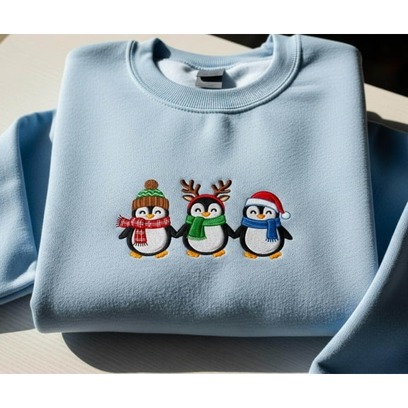 Embroidered Penguin Christmas Sweatshirt, Cute Winter Holiday Sweater, Funny Xmas Gift, Santa Penguin Shirt, Family Christmas Top