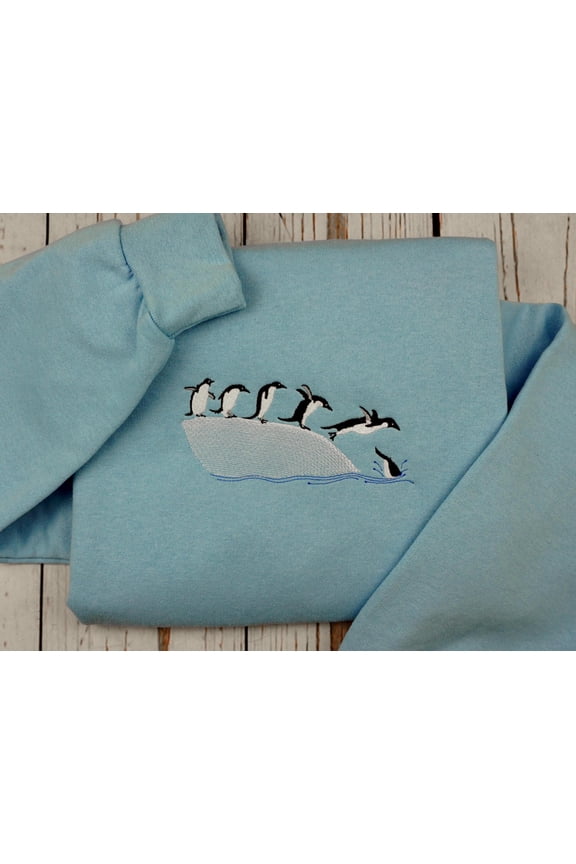 Embroidered Penguin Sweatshirt, Holiday Embroidered Adult Crew Neck, Unisex Fleece, Winter Seasonal Sweatshirts