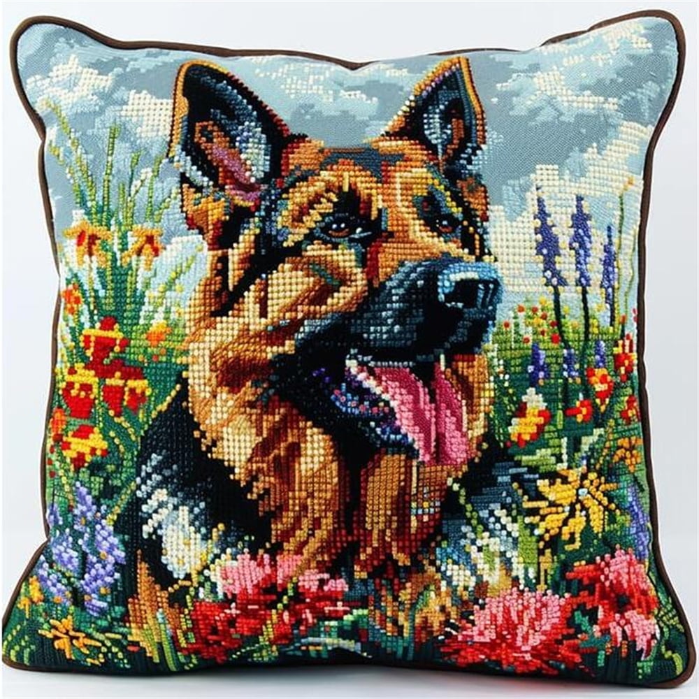 Embroidered Pillow Case Kits,Animal Dog and Flowers DIY Craft Throw Pillow Kit Gift,Embroidery Cross Stitch Kit for Home Decor