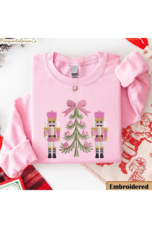 Embroidered Pink Nutcracker Christmas Sweatshirt, Festive Holiday Nutcracker Trio Sweater, Holiday Party Outfit, Merry Xmas Pullover