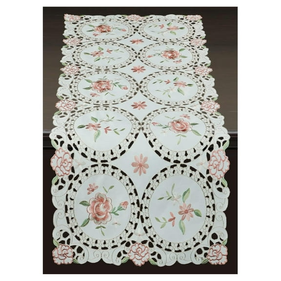 Embroidered Pink Rose Floral Table Runner Dresser Scarf 15x33 Spring Ivory 15x33" rectangular
