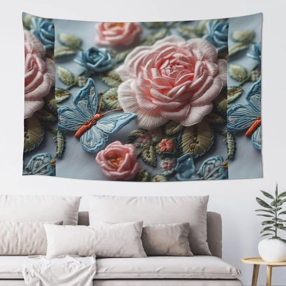 Embroidered Pink Roses Tapestry Aesthetic Wall Hanging Tapestries 60'' x 40'' Boho Tapestries Vertical Wall Art Decorative Funny Vintage Poster Flag Tapestry for Bedroom Living Room Decor