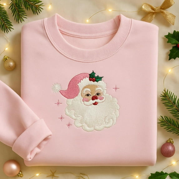 Embroidered Pink Santa Retro Christmas T-Shirts Sweatshirts for Women Pink Christmas Matching Family Sweaters Pink Holiday Shirt Group Party