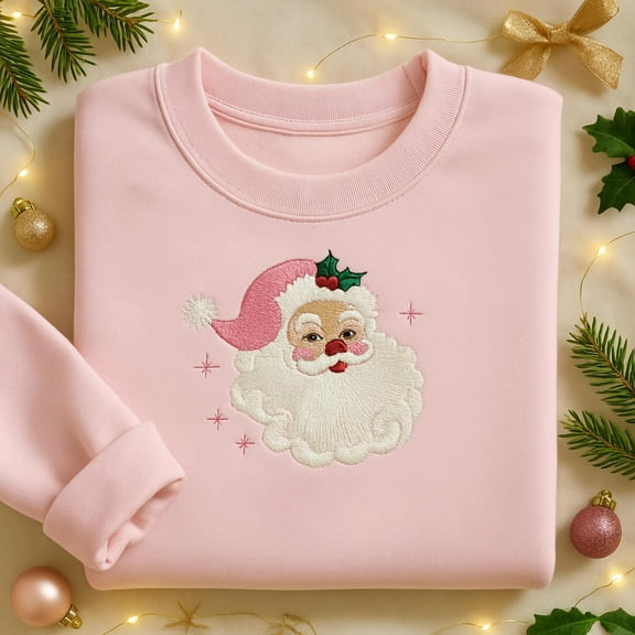 Embroidered Pink Santa Retro Christmas T-Shirts Sweatshirts for Women Pink Christmas Matching Family Sweaters Pink Holiday Shirt Group Party