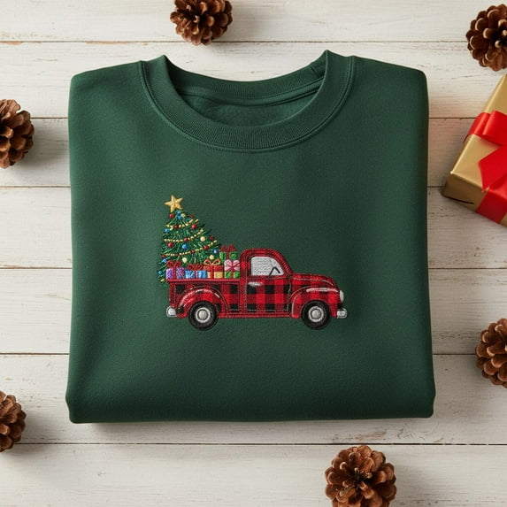 Embroidered Plaid Red Truck Christmas Sweatshirt, Vintage Pickup with Gifts Crewneck, Festive Xmas Pullover Gift