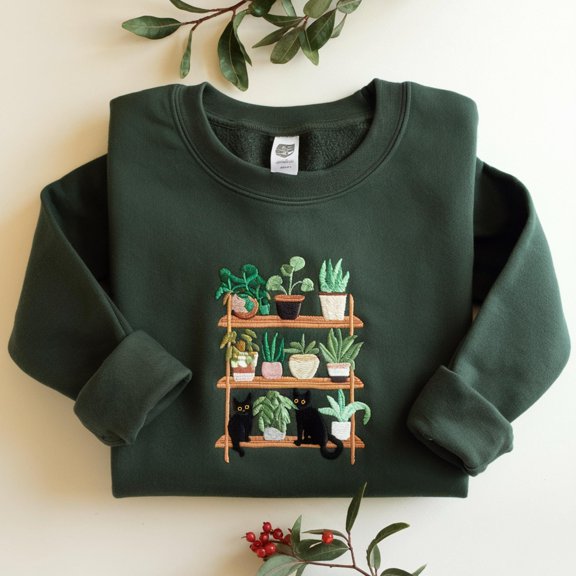 Embroidered Plant Shelf Cat Sweatshirt • Houseplant Lover Tee