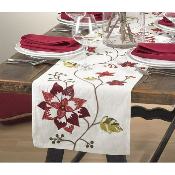 Embroidered Poinsettia Holiday Table Runner, 100% Cotton, 14"x72" Rectangular
