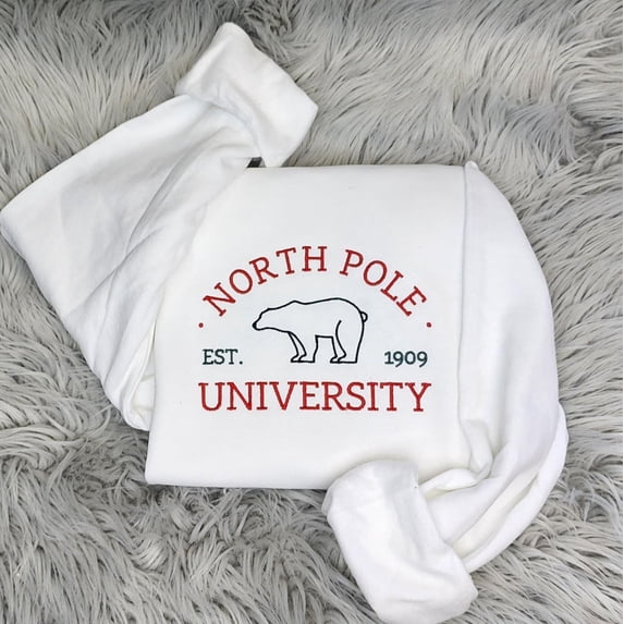 Embroidered Polar Bear Crewneck: North Pole University Christmas Sweatshirt