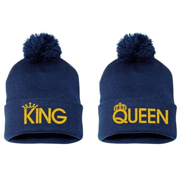 Embroidered Pom Pom KING and QUEEN Couple Matching 2 in one order Logo-EM-0040-Navy