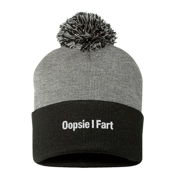 Embroidered Pom Pom Oopsie I Fart, Funny Saying-EM-0051-Gray-Black