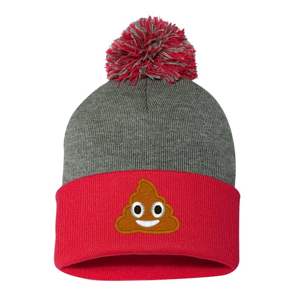 Embroidered Pom Pom POOP Face Text Image Logo-EM-0035-Gray-Red