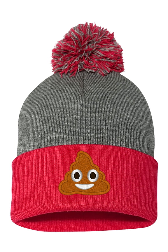 Embroidered Pom Pom POOP Face Text Image Logo-EM-0035-Gray-Red