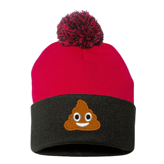 Embroidered Pom Pom POOP Face Text Image Logo-EM-0035-Red-Black