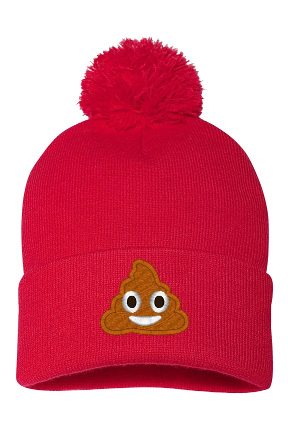 Embroidered Pom Pom POOP Face Text Image Logo-EM-0035-Red