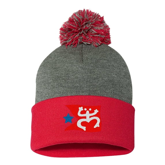 Embroidered Pom Pom Puerto Rican FLAG with Taino Frog Logo-EM-0034-Gray-Red