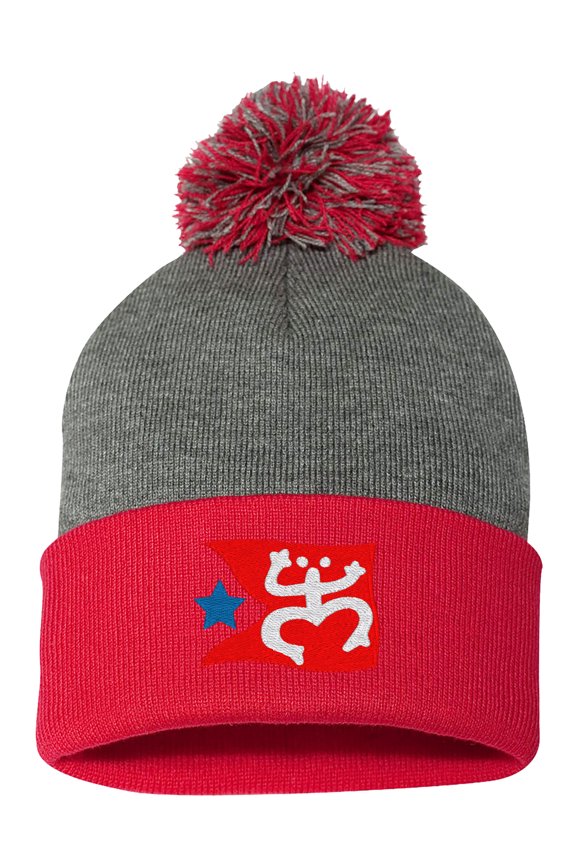 Embroidered Pom Pom Puerto Rican FLAG with Taino Frog Logo-EM-0034-Gray-Red