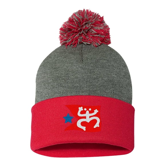 Embroidered Pom Pom Puerto Rican FLAG with Taino Frog Logo-EM-0034-Gray-Red