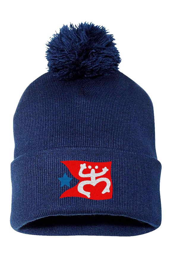 Embroidered Pom Pom Puerto Rican FLAG with Taino Frog Logo-EM-0034-Navy