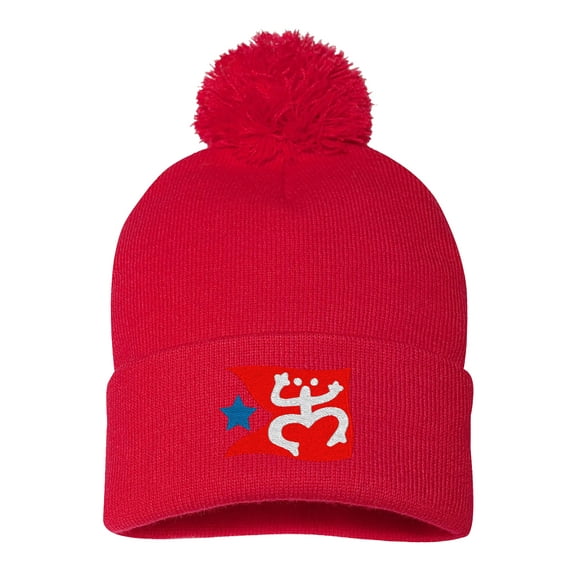 Embroidered Pom Pom Puerto Rican FLAG with Taino Frog Logo-EM-0034-Red