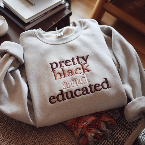 Embroidered Pretty Black And Educated Sweatshirt, Black History Month