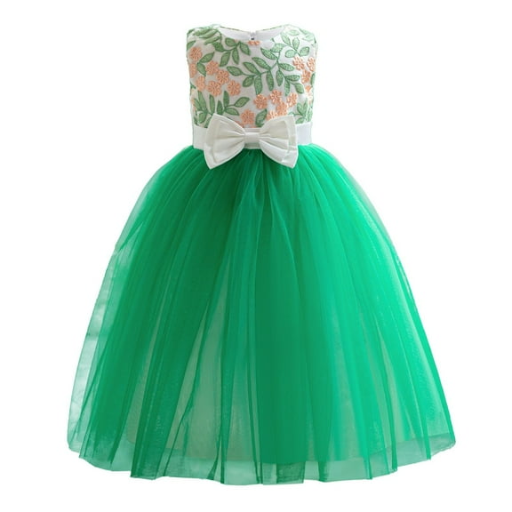 Embroidered Princess Dress Toddler Sleeveless Bowknot A-Line Tulle Tutu Dresses Baby Girl Princess Birthday Party Ball Gown, Green, 2 Years