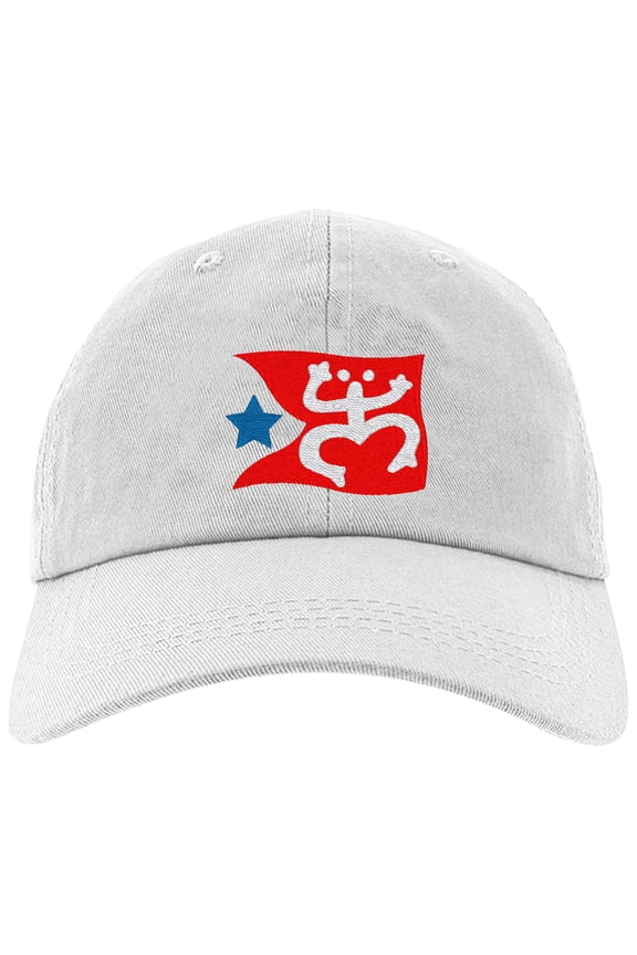 Embroidered Puerto Rican FLAG with Taino Frog Logo, Adjustable Baseball Cap-EM-0034-White