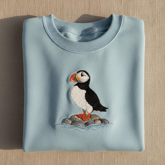 Embroidered Puffin Sweatshirt, Cute Atlantic Bird Crewneck, Wildlife Lover Gift, Birdwatcher Top, Ocean Animal Shirt