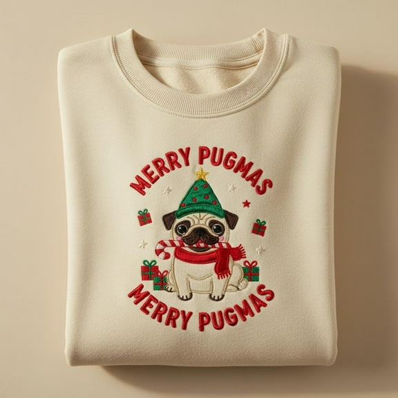 Embroidered Pug Christmas Sweatshirt, Funny Dog Mom Gift, Merry Pugmas Sweater, Cute Holiday Pet Owner Crewneck Top