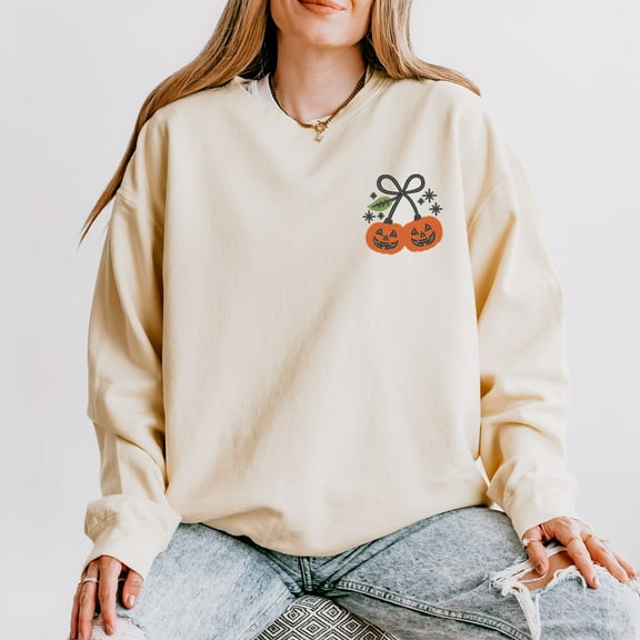 Embroidered Pumpkin Bow - Women's Lightweight Garment Dyed Sweatshirt