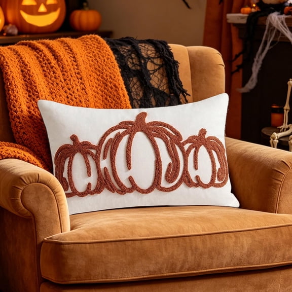 Embroidered Pumpkin Rectangular Throw Pillow Cover, 20x12 Inch Fall Halloween Thanksgiving Cushion Case for Sofa and Bedroom, Cozy Home Decor Gift Idea