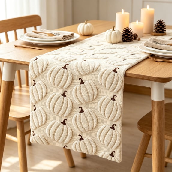 Embroidered Pumpkin Table Runner for Thanksgiving Dining Decor, Harvest Table Cover for Kitchen Home Centerpiece Beige