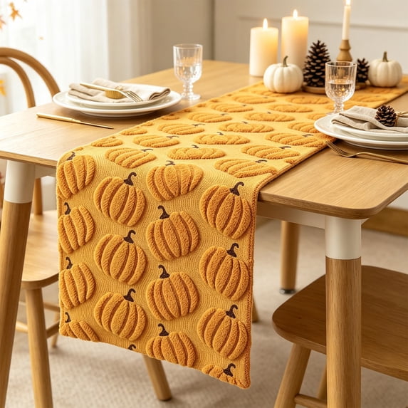 Embroidered Pumpkin Table Runner for Thanksgiving Dining Decor, Harvest Table Cover for Kitchen Home Centerpiece Yellow
