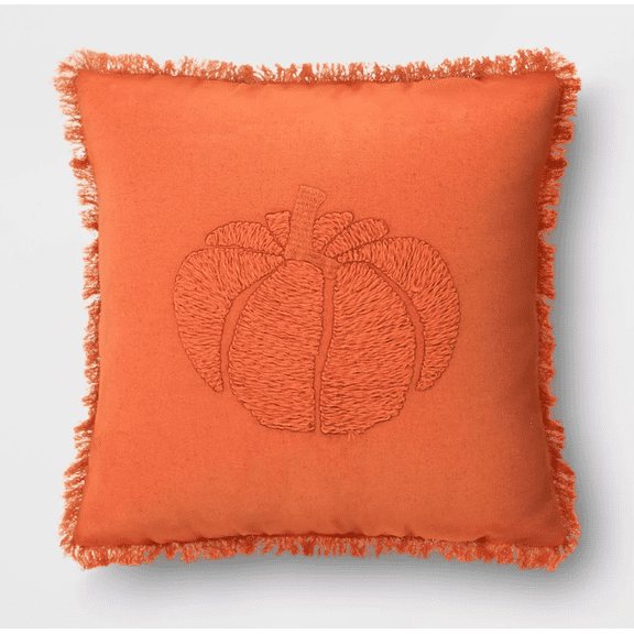 Embroidered Pumpkin with Frayed Edges 18" Square Throw Pillow Rust