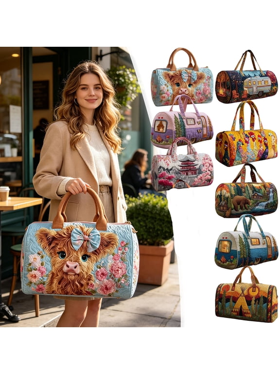 Embroidered Quilted Duffle Bag Women's Nature Print Tote, Weekend Travel Shoulder Bag for Short Trip Getaway, Carry On Luggage for Flight, Gym Bag, F