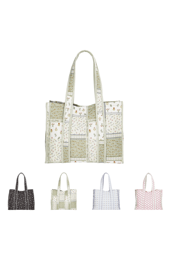 Embroidered Quilted Tote Bag, Floral & Plaid Pattern Handbag, Fashion Quilted Shoulder Bag for Women, Spacious Tote for Daily Errands & Casual Events Green#016