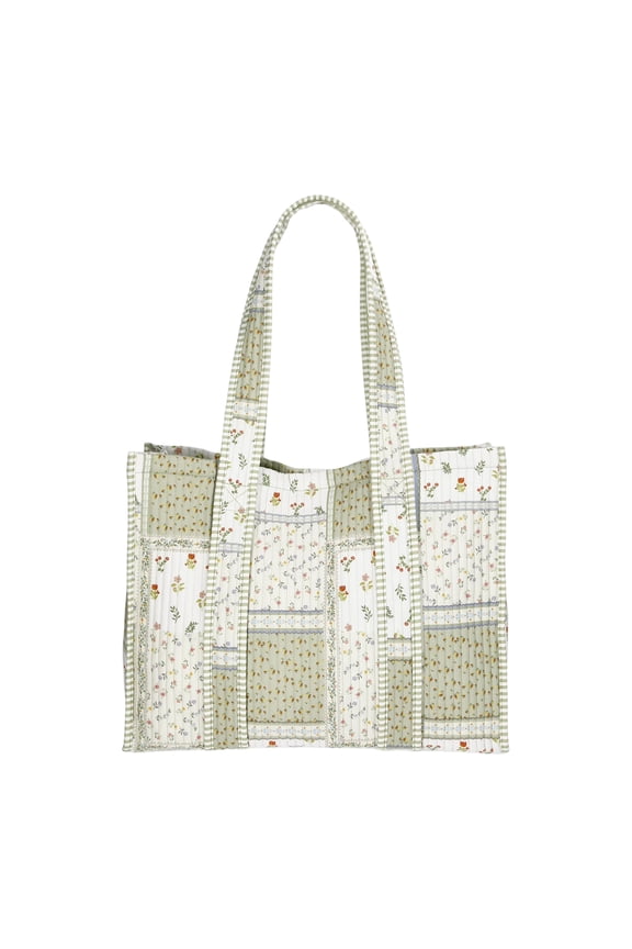 Embroidered Quilted Tote Bag, Floral & Plaid Pattern Handbag, Fashionable Shoulder Bag for Daily Errands & Events (C)