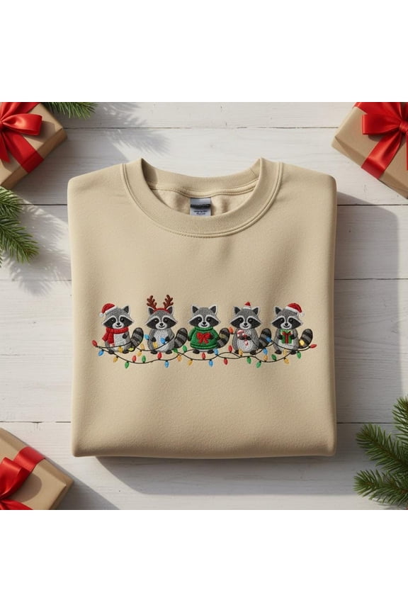 Embroidered Raccoon Christmas Light Line Sweatshirt, Cute Trash Panda Crewneck, Holiday Animal Sweater, Festive Raccoon Shirt, Xmas Gift
