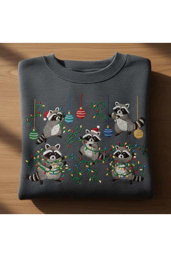 Embroidered Raccoon Christmas Lights Sweatshirt, Funny Trash Panda Crewneck, Holiday Decor Sweater, Cute Raccoon Shirt, Xmas Animal Gift