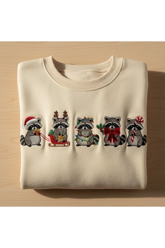 Embroidered Raccoon Christmas Sweatshirt, Funny Trash Panda Crewneck, Holiday Animal Sweater, Santa Sleigh Raccoon Shirt, Xmas Gift
