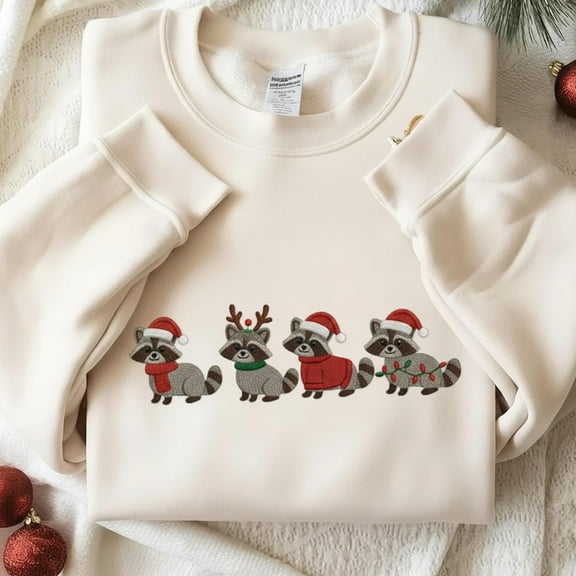 Embroidered Raccoon Christmas Sweatshirt, Raccoon Holiday Shirt, Raccoon Lover Gift, Holiday Sweater, Cute Christmas Shirt