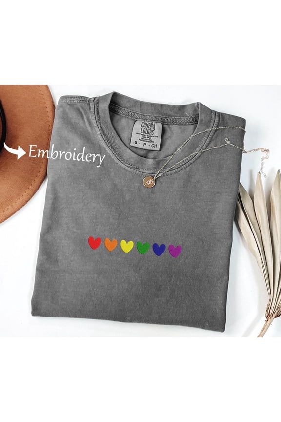 Embroidered Rainbow Heart Shirt, Love is Love Rainbow Heart Shirt, Perfect Gift, LGBT Tee, Gay Shirt, Pride Rainbow Heart T-Shirt