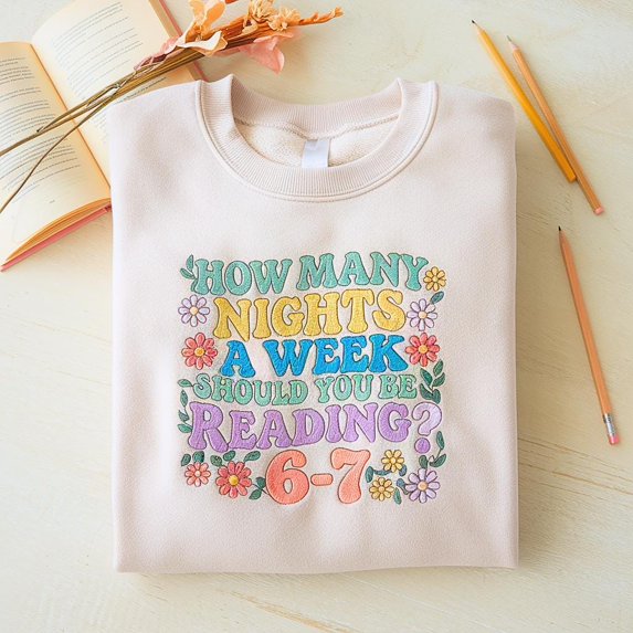 Embroidered Reading Book Comfort Oversized Sweatshirt, How Many Nights A Week Should You Be Reading 6-7 Sweater, Funny Teacher Gift
