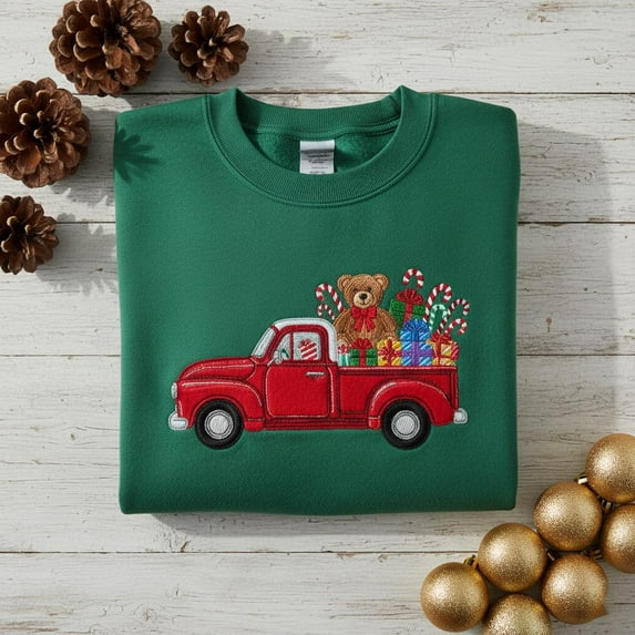 Embroidered Red Truck Christmas Gifts Sweatshirt, Vintage Pickup with Teddy Bear Crewneck, Xmas Holiday Pullover