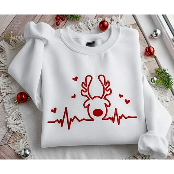 Embroidered Reindeer Heartbeat Sweatshirt: Christmas Holiday Crewneck